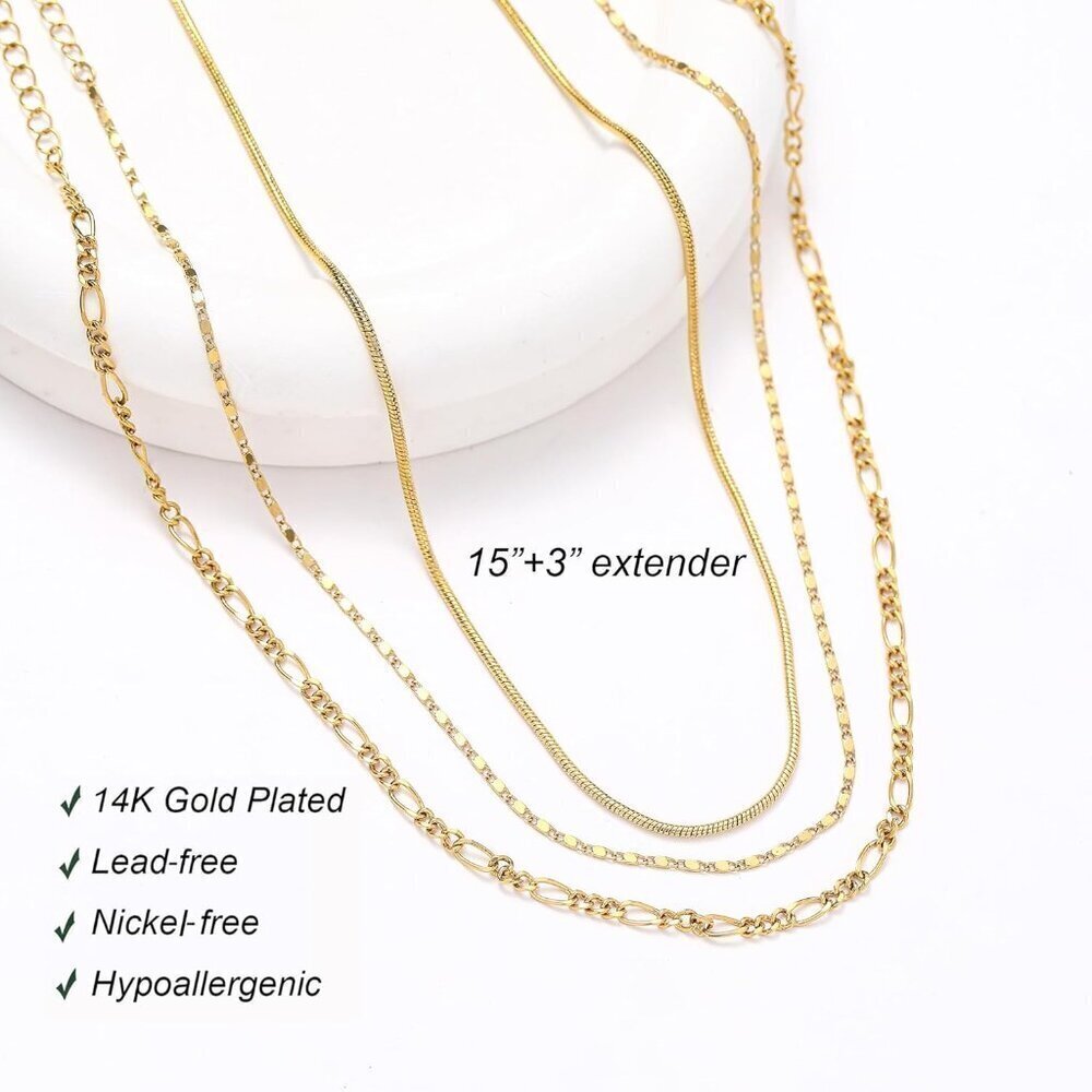 Gold Necklaces Stack 3pcs Brass Dainty Layered Waterproof for Women - Picture 4 of 9